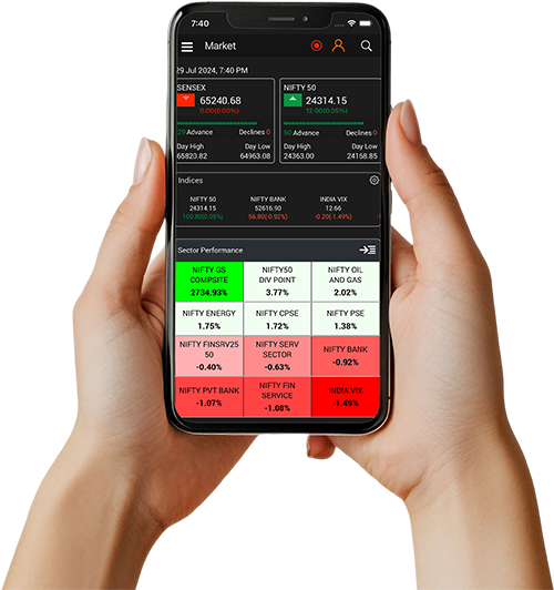 User viewing live stock market indices and sector performance on a mobile trading app