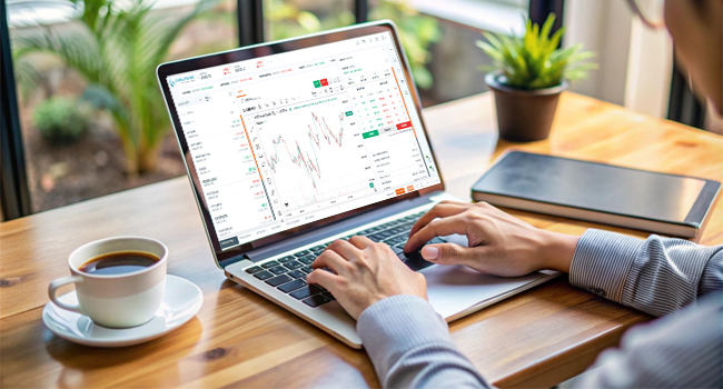 Investor performing delivery trading on a laptop with real-time stock market charts and analysis tools.